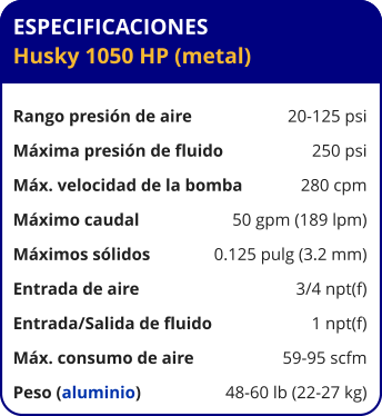 ESPECIFICACIONES Husky 1050 HP (metal)  Rango presión de aire	20-125 psi Máxima presión de fluido	250 psi Máx. velocidad de la bomba	280 cpm Máximo caudal 	50 gpm (189 lpm) Máximos sólidos 	0.125 pulg (3.2 mm) Entrada de aire	3/4 npt(f) Entrada/Salida de fluido	1 npt(f) Máx. consumo de aire 	59-95 scfm Peso (aluminio) 	48-60 lb (22-27 kg)