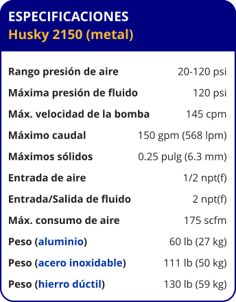 ESPECIFICACIONES Husky 2150 (metal)  Rango presión de aire	20-120 psi Máxima presión de fluido	120 psi Máx. velocidad de la bomba	145 cpm Máximo caudal 	150 gpm (568 lpm) Máximos sólidos 	0.25 pulg (6.3 mm) Entrada de aire	1/2 npt(f) Entrada/Salida de fluido	2 npt(f) Máx. consumo de aire 	175 scfm Peso (aluminio) 	60 lb (27 kg) Peso (acero inoxidable) 	111 lb (50 kg) Peso (hierro dúctil) 	130 lb (59 kg)