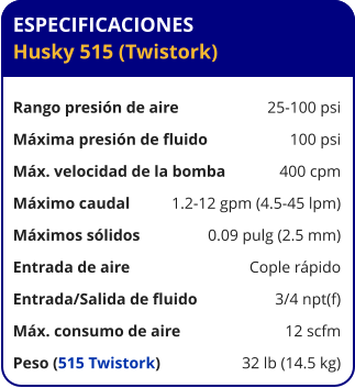 ESPECIFICACIONES Husky 515 (Twistork)  Rango presión de aire	25-100 psi Máxima presión de fluido	100 psi Máx. velocidad de la bomba	400 cpm Máximo caudal 	1.2-12 gpm (4.5-45 lpm) Máximos sólidos 	0.09 pulg (2.5 mm) Entrada de aire	Cople rápido Entrada/Salida de fluido	3/4 npt(f) Máx. consumo de aire 	12 scfm Peso (515 Twistork) 	32 lb (14.5 kg)