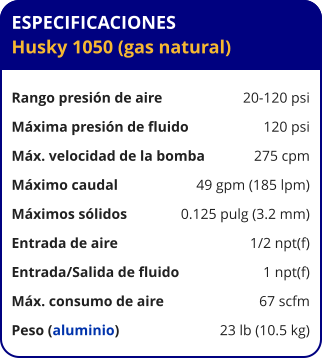 ESPECIFICACIONES Husky 1050 (gas natural)  Rango presión de aire	20-120 psi Máxima presión de fluido	120 psi Máx. velocidad de la bomba	275 cpm Máximo caudal 	49 gpm (185 lpm) Máximos sólidos 	0.125 pulg (3.2 mm) Entrada de aire	1/2 npt(f) Entrada/Salida de fluido	1 npt(f) Máx. consumo de aire 	67 scfm Peso (aluminio) 	23 lb (10.5 kg)