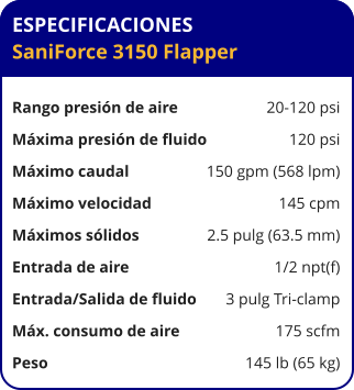 ESPECIFICACIONES SaniForce 3150 Flapper  Rango presión de aire	20-120 psi Máxima presión de fluido	120 psi Máximo caudal 	150 gpm (568 lpm) Máximo velocidad 	145 cpm Máximos sólidos 	2.5 pulg (63.5 mm) Entrada de aire	1/2 npt(f) Entrada/Salida de fluido	3 pulg Tri-clamp Máx. consumo de aire 	175 scfm Peso 	145 lb (65 kg)