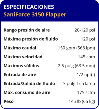 ESPECIFICACIONES SaniForce 3150 Flapper  Rango presión de aire	20-120 psi Máxima presión de fluido	120 psi Máximo caudal 	150 gpm (568 lpm) Máximo velocidad 	145 cpm Máximos sólidos 	2.5 pulg (63.5 mm) Entrada de aire	1/2 npt(f) Entrada/Salida de fluido	3 pulg Tri-clamp Máx. consumo de aire 	175 scfm Peso 	145 lb (65 kg)