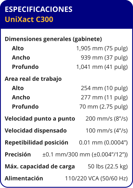 ESPECIFICACIONES UniXact C300  Dimensiones generales (gabinete)	 Alto	1,905 mm (75 pulg) Ancho	939 mm (37 pulg) Profundo	1,041 mm (41 pulg) Area real de trabajo	 Alto	254 mm (10 pulg) Ancho	277 mm (11 pulg) Profundo	70 mm (2.75 pulg) Velocidad punto a punto	200 mm/s (8”/s) Velocidad dispensado	100 mm/s (4”/s) Repetibilidad posición	0.01 mm (0.0004”) Precisión	±0.1 mm/300 mm (±0.004”/12”)) Máx. capacidad de carga	50 lbs (22.5 kg) Alimentación	110/220 VCA (50/60 Hz)