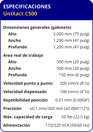 ESPECIFICACIONES UniXact C500  Dimensiones generales (gabinete)	 Alto	2,000 mm (79 pulg) Ancho	1,200 mm (47 pulg) Profundo	1,200 mm (47 pulg) Area real de trabajo	 Alto	500 mm (20 pulg) Ancho	500 mm (20 pulg) Profundo	150 mm (6 pulg) Velocidad punto a punto	200 mm/s (8”/s) Velocidad dispensado	100 mm/s (4”/s) Repetibilidad posición	0.01 mm (0.0004”) Precisión	±0.1 mm/300 mm (±0.004”/12”)) Máx. capacidad de carga	50 lbs (22.5 kg) Alimentación	110/220 VCA (50/60 Hz)