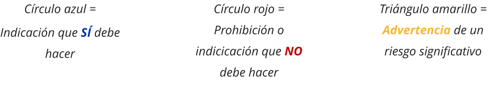 Círculo azul = Indicación que SÍ debe hacer Círculo rojo = Prohibición o indicicación que NO debe hacer Triángulo amarillo = Advertencia de un riesgo significativo