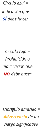 Círculo azul = Indicación que SÍ debe hacer Círculo rojo = Prohibición o indicicación que NO debe hacer Triángulo amarillo = Advertencia de un riesgo significativo