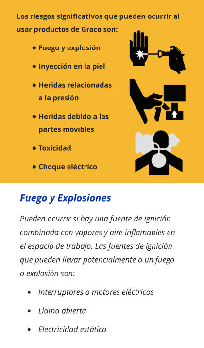 Los riesgos significativos que pueden ocurrir al usar productos de Graco son: •	Fuego y explosión •	Inyección en la piel •	Heridas relacionadas a la presión •	Heridas debido a las partes móvibles •	Toxicidad •	Choque eléctrico Fuego y Explosiones Pueden ocurrir si hay una fuente de ignición combinada con vapores y aire inflamables en el espacio de trabajo. Las fuentes de ignición que pueden llevar potencialmente a un fuego o explosión son: •	Interruptores o motores eléctricos •	Llama abierta •	Electricidad estática