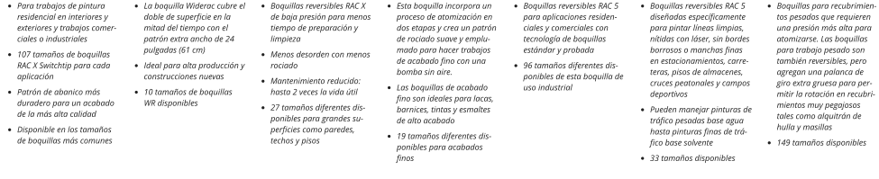•	Para trabajos de pintura    residencial en interiores y exteriores y trabajos comerciales o industriales •	107 tamaños de boquillas RAC X Switchtip para cada aplicación •	Patrón de abanico más     duradero para un acabado de la más alta calidad •	Disponible en los tamaños de boquillas más comunes •	La boquilla Widerac cubre el doble de superficie en la mitad del tiempo con el    patrón extra ancho de 24 pulgadas (61 cm) •	Ideal para alta producción y construcciones nuevas •	10 tamaños de boquillas WR disponibles •	Boquillas reversibles RAC X de baja presión para menos tiempo de preparación y limpieza •	Menos desorden con menos rociado •	Mantenimiento reducido: hasta 2 veces la vida útil •	27 tamaños diferentes disponibles para grandes superficies como paredes, techos y pisos •	Esta boquilla incorpora un proceso de atomización en dos etapas y crea un patrón de rociado suave y emplumado para hacer trabajos de acabado fino con una bomba sin aire.  •	Las boquillas de acabado fino son ideales para lacas, barnices, tintas y esmaltes de alto acabado •	19 tamaños diferentes disponibles para acabados finos •	Boquillas reversibles RAC 5 para aplicaciones residenciales y comerciales con tecnología de boquillas estándar y probada •	96 tamaños diferentes disponibles de esta boquilla de uso industrial •	Boquillas reversibles RAC 5 diseñadas específicamente para pintar líneas limpias, nítidas con láser, sin bordes borrosos o manchas finas en estacionamientos, carreteras, pisos de almacenes, cruces peatonales y campos deportivos •	Pueden manejar pinturas de tráfico pesadas base agua hasta pinturas finas de tráfico base solvente •	33 tamaños disponibles •	Boquillas para recubrimientos pesados que requieren una presión más alta para atomizarse. Las boquillas para trabajo pesado son también reversibles, pero agregan una palanca de giro extra gruesa para permitir la rotación en recubrimientos muy pegajosos tales como alquitrán de hulla y masillas •	149 tamaños disponibles