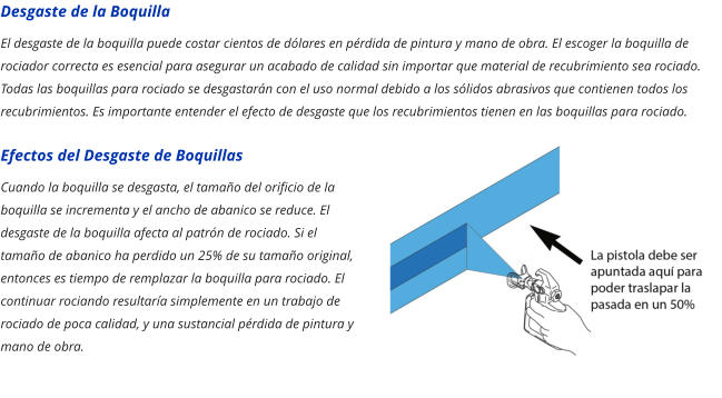 Desgaste de la Boquilla El desgaste de la boquilla puede costar cientos de dólares en pérdida de pintura y mano de obra. El escoger la boquilla de rociador correcta es esencial para asegurar un acabado de calidad sin importar que material de recubrimiento sea rociado. Todas las boquillas para rociado se desgastarán con el uso normal debido a los sólidos abrasivos que contienen todos los recubrimientos. Es importante entender el efecto de desgaste que los recubrimientos tienen en las boquillas para rociado. Efectos del Desgaste de Boquillas Cuando la boquilla se desgasta, el tamaño del orificio de la boquilla se incrementa y el ancho de abanico se reduce. El desgaste de la boquilla afecta al patrón de rociado. Si el tamaño de abanico ha perdido un 25% de su tamaño original, entonces es tiempo de remplazar la boquilla para rociado. El continuar rociando resultaría simplemente en un trabajo de rociado de poca calidad, y una sustancial pérdida de pintura y mano de obra.