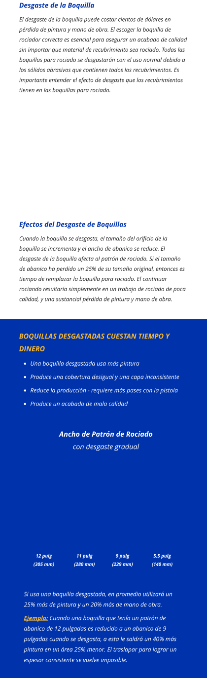 BOQUILLAS DESGASTADAS CUESTAN TIEMPO Y DINERO •	Una boquilla desgastada usa más pintura •	Produce una cobertura desigual y una capa inconsistente •	Reduce la producción - requiere más pases con la pistola •	Produce un acabado de mala calidad Ancho de Patrón de Rociado con desgaste gradual 12 pulg (305 mm) 11 pulg (280 mm) 9 pulg (229 mm) 5.5 pulg (140 mm) Si usa una boquilla desgastada, en promedio utilizará un    25% más de pintura y un 20% más de mano de obra.  Ejemplo: Cuando una boquilla que tenía un patrón de abanico de 12 pulgadas es reducido a un abanico de 9 pulgadas cuando se desgasta, a esta le saldrá un 40% más pintura en un área 25% menor. El traslapar para lograr un espesor consistente se vuelve imposible. Desgaste de la Boquilla El desgaste de la boquilla puede costar cientos de dólares en pérdida de pintura y mano de obra. El escoger la boquilla de rociador correcta es esencial para asegurar un acabado de calidad sin importar que material de recubrimiento sea rociado. Todas las boquillas para rociado se desgastarán con el uso normal debido a los sólidos abrasivos que contienen todos los recubrimientos. Es importante entender el efecto de desgaste que los recubrimientos tienen en las boquillas para rociado. Efectos del Desgaste de Boquillas Cuando la boquilla se desgasta, el tamaño del orificio de la boquilla se incrementa y el ancho de abanico se reduce. El desgaste de la boquilla afecta al patrón de rociado. Si el tamaño de abanico ha perdido un 25% de su tamaño original, entonces es tiempo de remplazar la boquilla para rociado. El continuar rociando resultaría simplemente en un trabajo de rociado de poca calidad, y una sustancial pérdida de pintura y mano de obra.