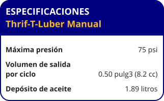 ESPECIFICACIONES Thrif-T-Luber Manual  Máxima presión	75 psi Volumen de salida  por ciclo	0.50 pulg3 (8.2 cc) Depósito de aceite	1.89 litros